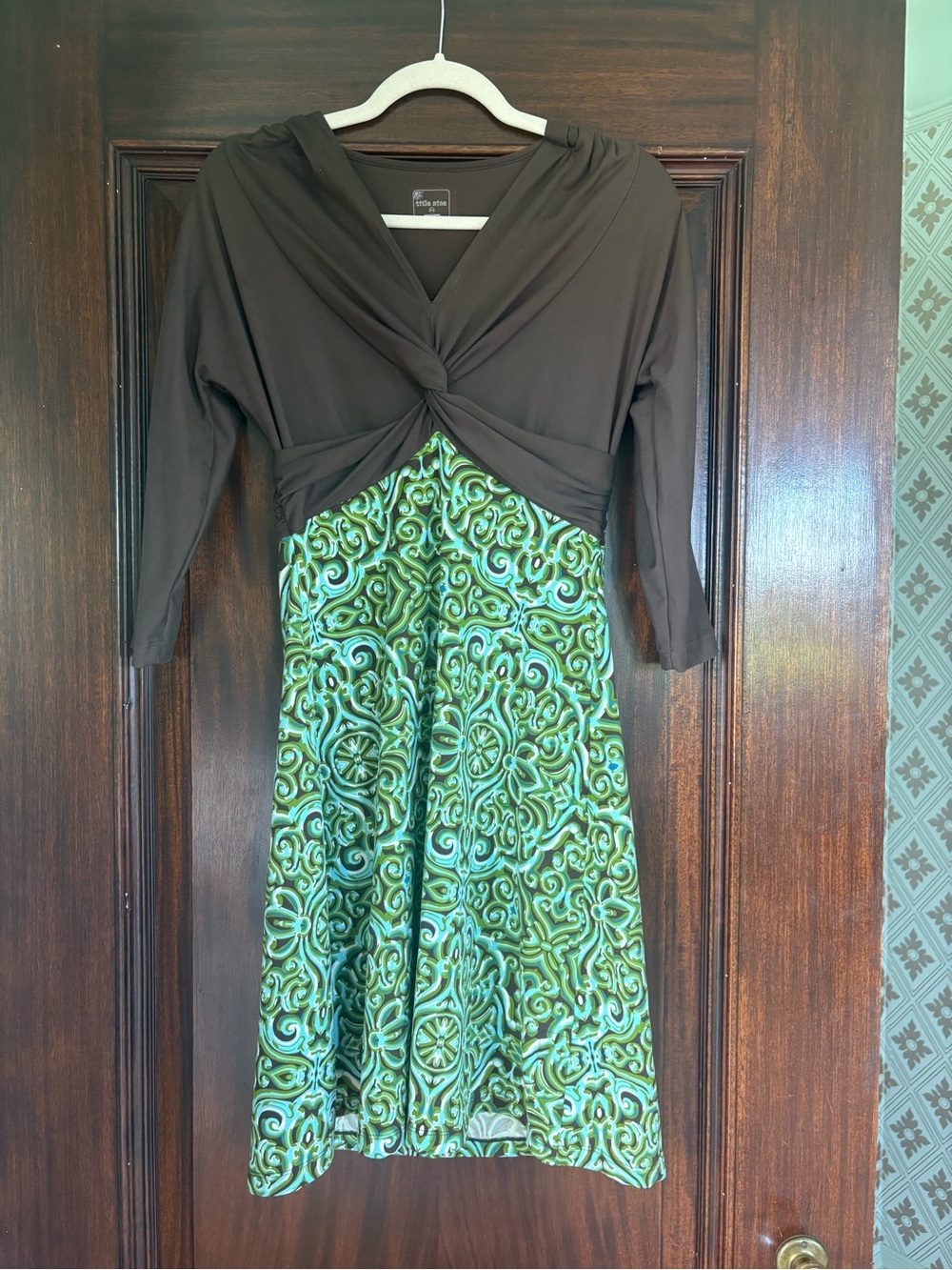 Title Nine Brown Twist-Front Dress with Green Patterned Skirt